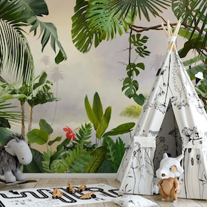 Tropical Palm and Banana Leaves Wallpaper / Green Wallpaper / Tropical Jungle Wallpaper / Adhesive Wallpaper /  Wallpaper