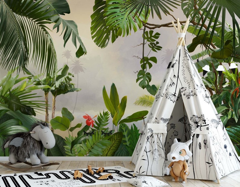 May include: A white teepee tent with black floral designs is set up in a room with a jungle mural. A gray plush toy dragon sits on a black and white road rug in front of the teepee.