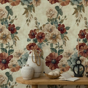 Carta da parati floreale vintage con acquerello / Decorazione murale rustica boho