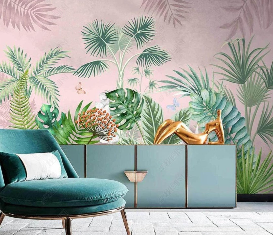 Green Tropical Plants Wallpaper / Pink Background Wallpaper / Floral ...