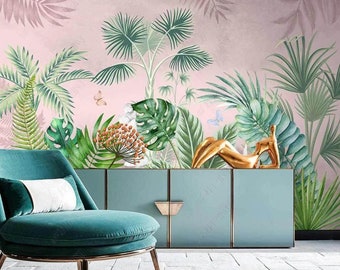 Green Tropical Plants Wallpaper / Pink Background Wallpaper / Floral Wallpaper / Luxury Wallpaper /  Peel & Stick Wallpaper