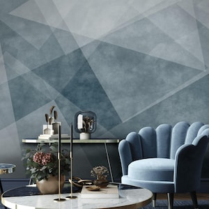 Carta da parati con forme geometriche astratte, design creativo, decorazione da parete, murale staccabile e attaccabile, toni blu e grigi