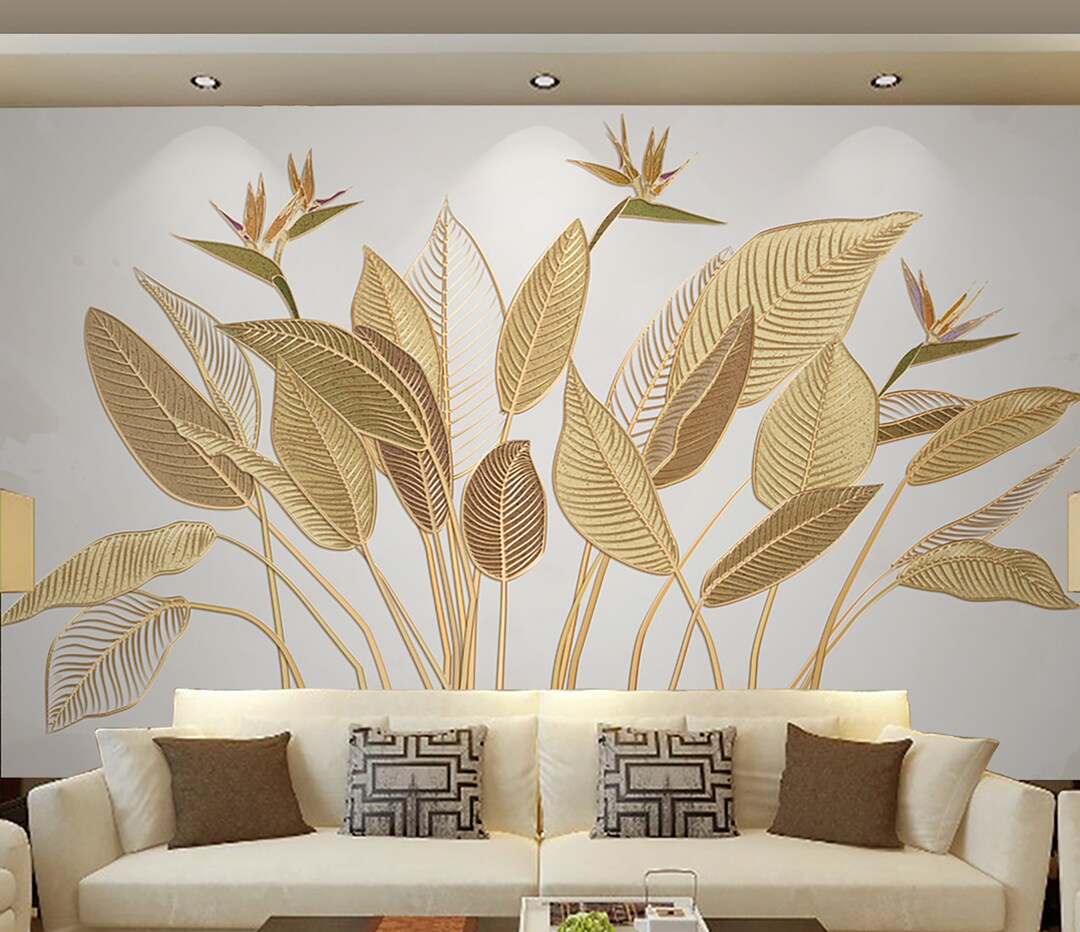 Golden Look Leaf Wallpaper Vintage Style Peel and Stick Wall Mural