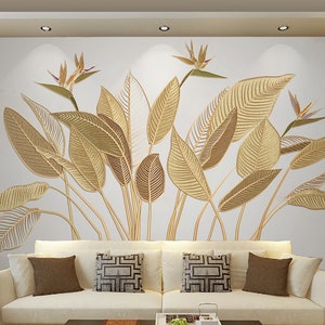 Golden Look Leaf Wallpaper Vintage Style Peel and Stick Wall Mural Vascular Plant Wall Decor