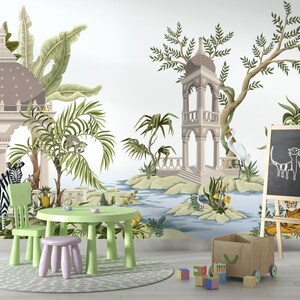 May include: A whimsical jungle mural featuring a white zebra, a toucan, a white egret, and a tiger. The mural is painted on a white wall and includes a small pond with green lily pads. The mural is framed by a green jungle scene with palm trees and other tropical plants.