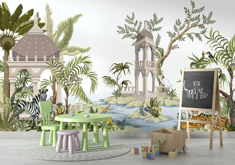 May include: A whimsical jungle mural featuring a white zebra, a toucan, a white egret, and a tiger. The mural is painted on a white wall and includes a small pond with green lily pads. The mural is framed by a green jungle scene with palm trees and other tropical plants.