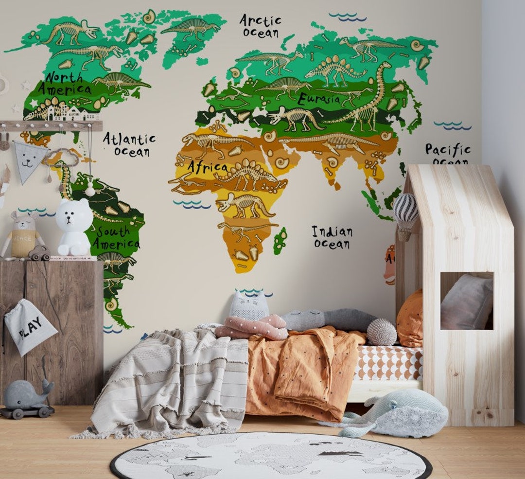 Kids World Map Wallpaper Dinosaur Peel and Stick Wall Decor Nursery ...