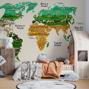 Papel tapiz con mapa del mundo para niños, decoración de pared con diseño de dinosaurios, para despegar y pegar, mural de pared para guardería