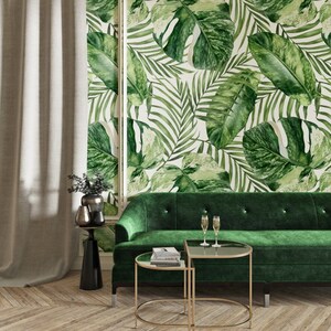 Monstera Leaves Wallpaper Green Plants Wall Decor Vintage Style Peel and Stick Wall Mural
