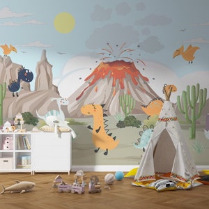 Dino Wallpaper / Erupted Volcano Mountains Wallpaper / Dinosaur Wallpaper / Funny Wallpaper /  Peel & Stick Wallpaper / Wall Decor