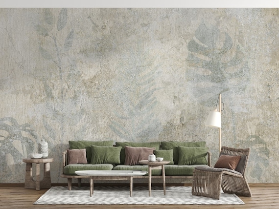 Vintage Wallpaper / Abstract Wallpaper / Leaves Wallpaper / Concrete Wallpaper /  Peel & Stick Wallpaper / Removable Wallpaper