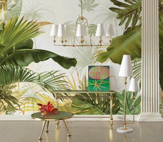 Large Green Exotic Leaves Wallpaper / Luxury Wallpaper /  Peel & Stick Wallpaper / Removable Wallpaper / Wall Decor Walllpaper