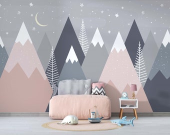 Papel pintado de paisaje de montaña nevada a medianoche / Papel pintado extraíble / Papel pintado despegable y adhesivo / Papel pintado para habitación infantil