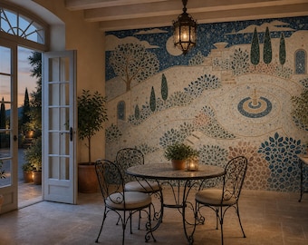 Behang met bomen voor ontwerpers die een slaapkamer in mediterrane stijl willen creëren.