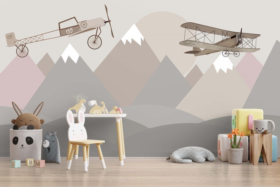 Snowy Mountains Wallpaper Airplane Wall Mural Kids Peel and Stick ...
