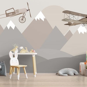 Carta da parati con montagne innevate, aeroplano, murale per bambini, stacca e attacca, arte murale per la cameretta dei bambini