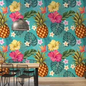Pineapple and Blooming Hibiscus Flowers Wallpaper / Kitchen Wallpaper / Cafe Wallpaper /  Peel & Stick Wallpaper / Removable