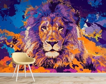 Lion Wallpaper / Art Painting Wallpaper / Multicolor Wallpaper / Luxury Wallpaper /  Peel & Stick / Removable Wallpaper