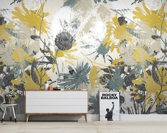 Sunflower Wallpaper / Vintage Style Wallpaper / Flowers Wallpaper / Floral Wallpaper / Peel & Stick Wallpaper / Removable