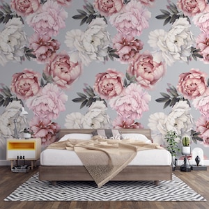 White Pink Red Roses Wallpaper / Floral Wallpaper / Gray Background Wallpaper / Adhesive Wallpaper /  Peel & Stick Wallpaper / Removable