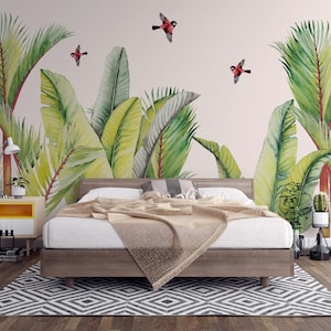 Carta da parati con piante esotiche, foglie verdi, murale tropicale, stacca e attacca, sfondo beige