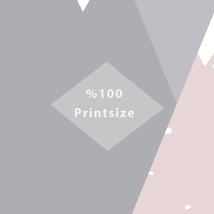 May include: Abstract geometric print with a gray, pink, and white color scheme. The print features a diamond shape with the text "%100 Printsize".