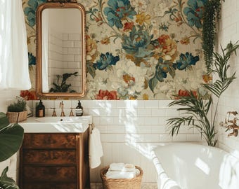 Puede incluir: Un baño con papel pintado floral con grandes flores en rojo, azul y blanco. Un espejo con marco dorado cuelga sobre un tocador de madera con un lavabo blanco. También se ven una bañera blanca y una cesta de mimbre con toallas.