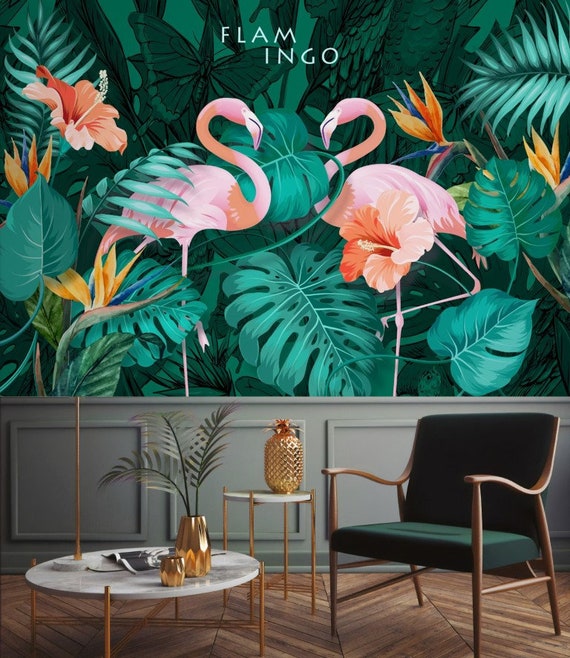Flamingo Wallpaper Egzotic Plants Peel and Stick Wall Mural Home Wall Decor