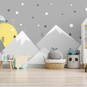 Winter Landscape with Snowy Mountains and the Sun Wallpaper / Kids Room Nursery Wallpaper /  Peel & Stick Wallpaper / Removable