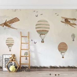 Merry Mice with Old Style Brown Airplanes Wallpaper / Animal Peel & Stick Wallpaper / Wallpaper for Kids Room / Hot Air Balloons Wallpaper