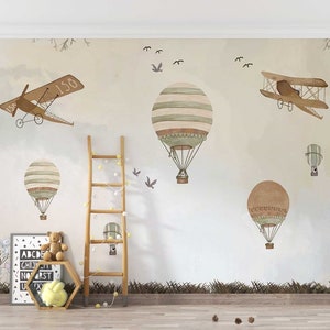 Merry Mice with Old Style Brown Airplanes Wallpaper / Animal Peel & Stick Wallpaper / Wallpaper for Kids Room / Hot Air Balloons Wallpaper