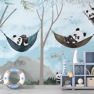 Söta glada pandaungar tapeter / Panda tapeter / Blåvit himmel tapeter / Självhäftande tapeter / Väggdekoration bild 1