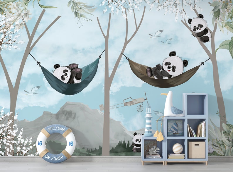 Söta glada pandaungar tapeter / Panda tapeter / Blåvit himmel tapeter / Självhäftande tapeter / Väggdekoration bild 1