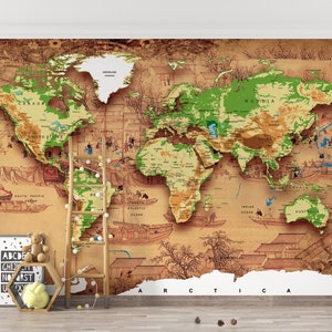 Papel tapiz de estilo antiguo / Papel tapiz de mapa del mundo con apariencia 3D / Papel tapiz marrón / Papel tapiz despegable y adhesivo / Extraíble