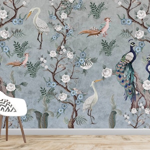 May include: A blue and gray floral wallpaper with white flowers, green leaves, and peacocks. The wallpaper features a repeating pattern of peacocks, birds, and flowers.