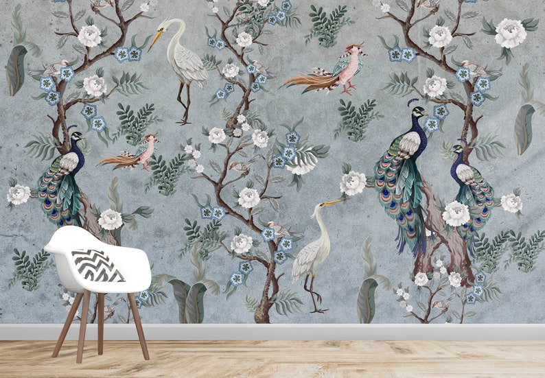 May include: A blue and gray floral wallpaper with white flowers, green leaves, and peacocks. The wallpaper features a repeating pattern of peacocks, birds, and flowers.