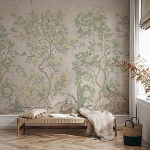 Carta da parati Chinoiserie Peel and Stick - Elegante murale ispirato alla natura, scena botanica e di giardino di uccelli senza tempo per interni tranquilli