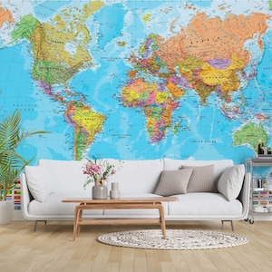 World Map Wallpaper / Country Flags Wallpaper / Blue Wallpaper / Adhesive Wallpaper / Peel and Stick Wallpaper / Removable Wallpaper