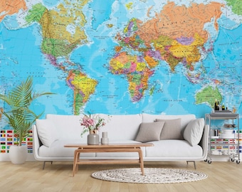 World Map Wallpaper / Country Flags Wallpaper / Blue Wallpaper / Adhesive Wallpaper / Peel and Stick Wallpaper / Removable Wallpaper