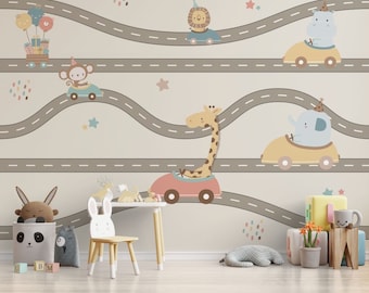 Car Road Wallpaper Kids Room Peel and Stick Wall Mural Cute Animals Wall Decor