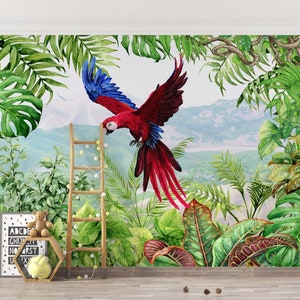 Carta da parati con pappagallo colorato, foglie verdi esotiche, decorazione da parete per bambini, murale staccabile e attaccabile