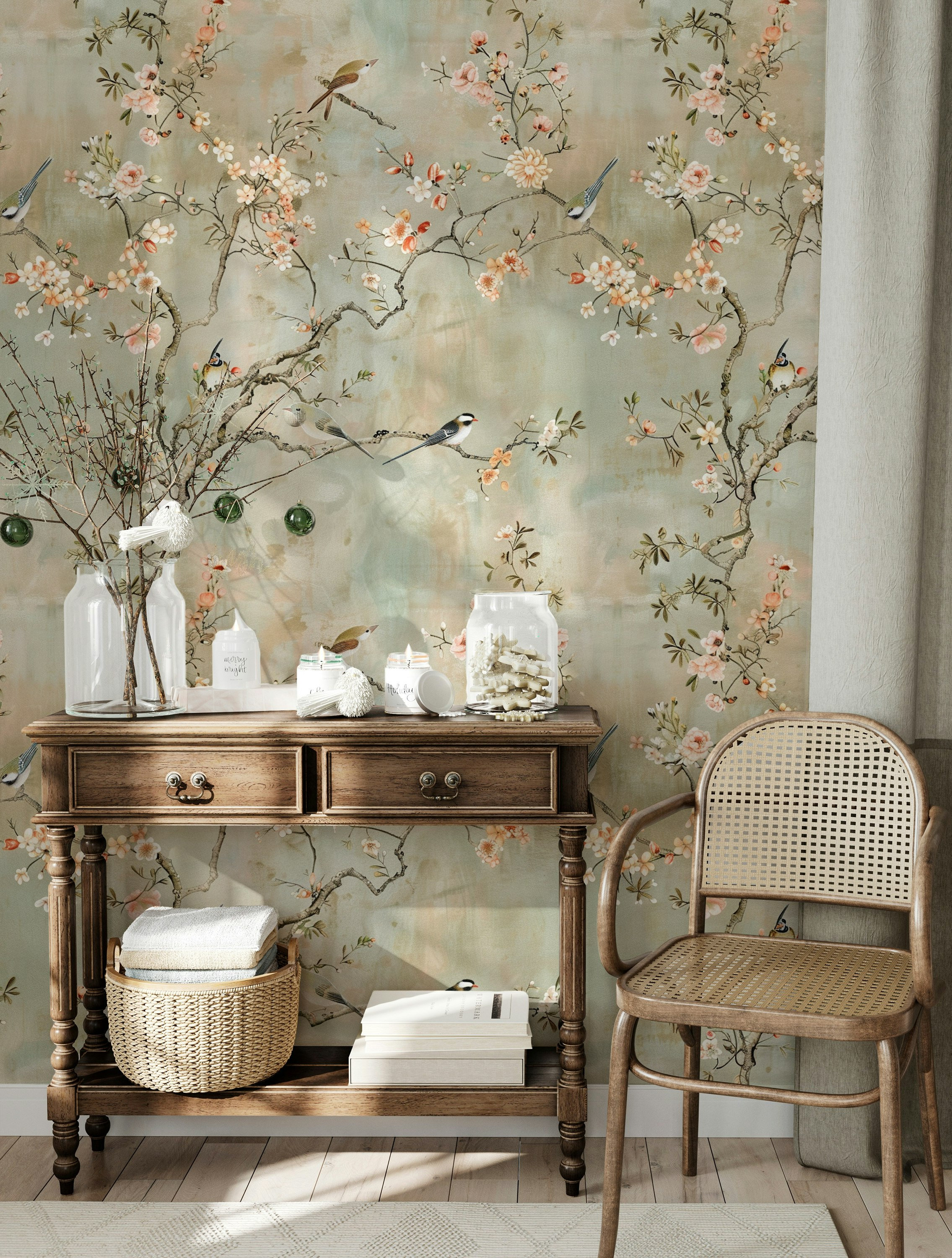 Cherry Blossom Wallpaper Chinoiserie Birds and Flowers, Soft Pastel ...