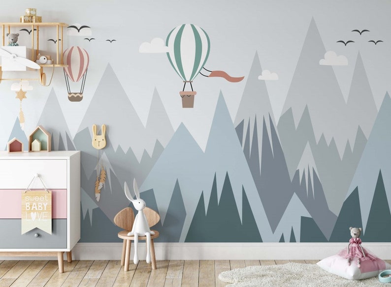 Snowy Mountain Wallpaper Kids Wall Mural Air Balloons Peel and Stick ...