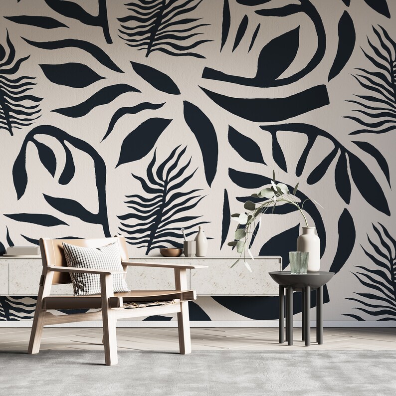 Shapes Wallpaper Black and White Peel and Stick Leaves Wall Mural ...