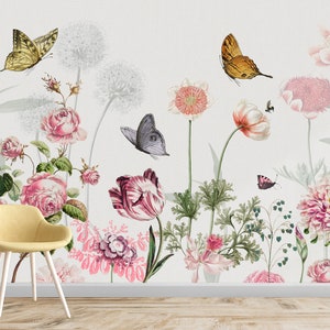 Garden Flowers Wallpaper / Colorful Wallpaper / Chicory Flower Wallpaper / Floral Wallpaper /  Peel & Stick Wallpaper / Wall Decor