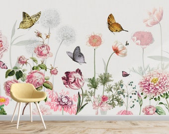Garden Flowers Wallpaper / Colorful Wallpaper / Chicory Flower Wallpaper / Floral Wallpaper /  Peel & Stick Wallpaper / Wall Decor
