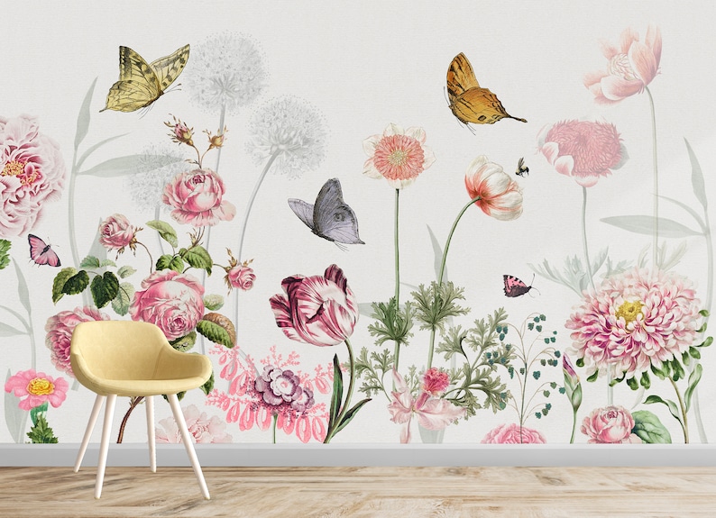 May include: A white background with a floral wallpaper design featuring pink, white, and red flowers, green leaves, and butterflies.