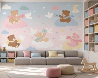Berenbehang (zelfklevend) voor de babykamer met wolkenmotief