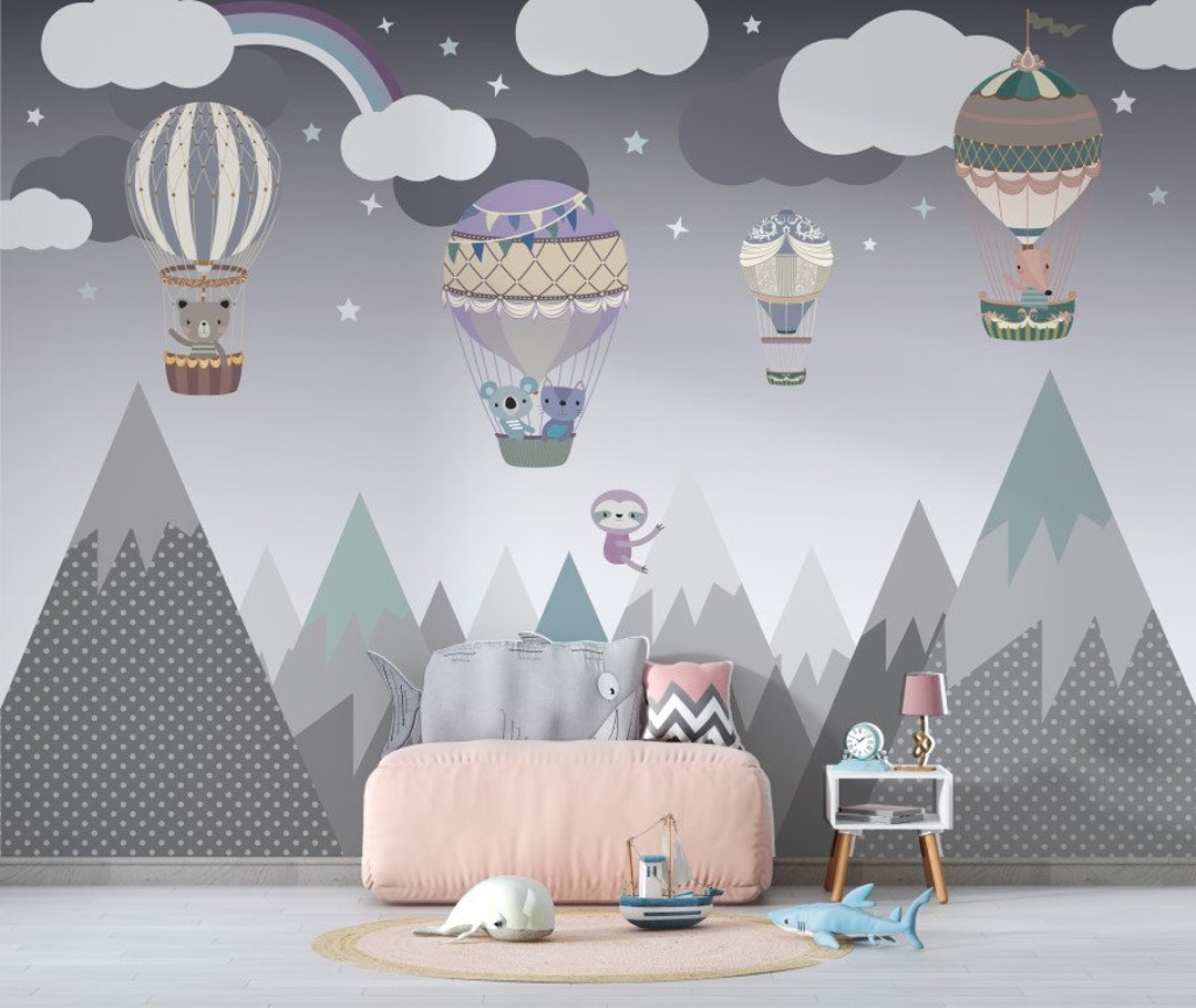 Snowy Mountain Wallpaper Air Balloons Wall Mural Kids Wall Decor Gray ...