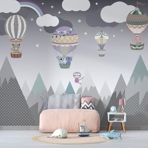 Carta da parati con mongolfiere innevate, decorazione da parete per bambini, grigio, stacca e attacca, arte murale per la cameretta dei bambini